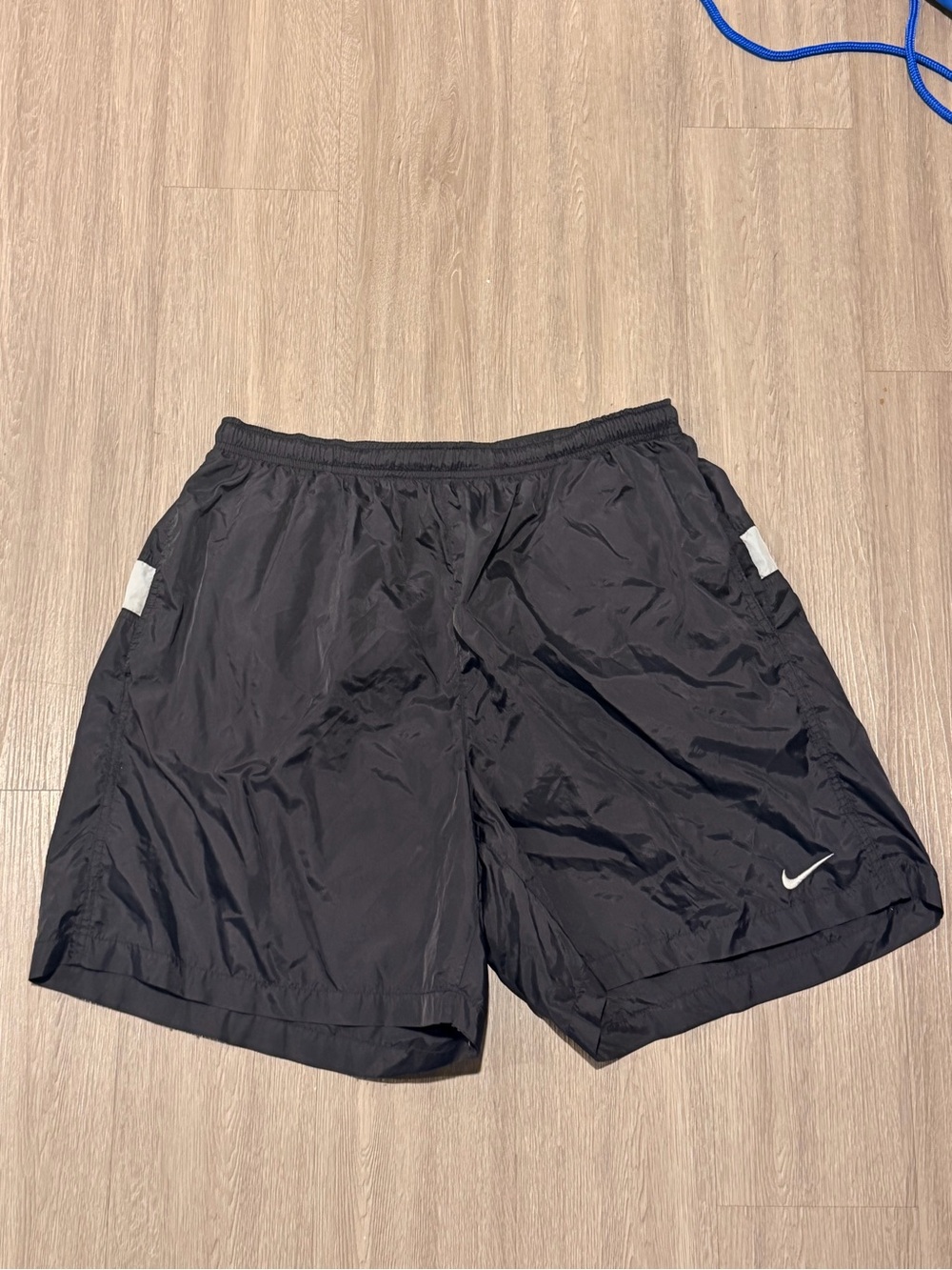 VTG Nike Black Tag Big Spell Out Nylon Shorts Swim Trunks Mesh Rare Mens 2XL